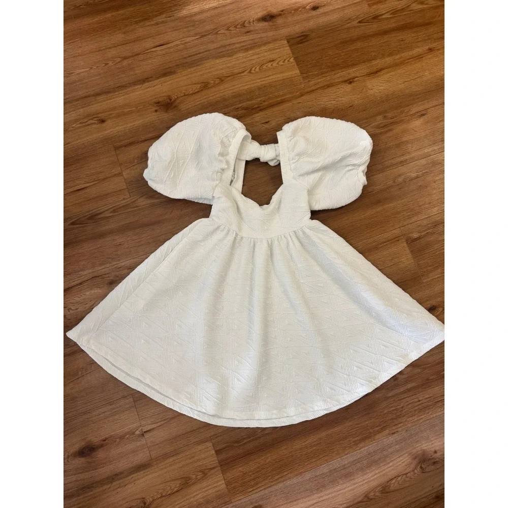 Free People Violet Mini Dress White Puff Sleeve Tie Back Textured Babydoll XS